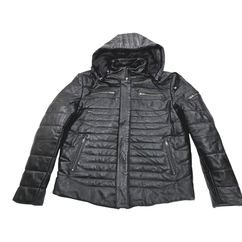 Techno Moto Smart Range Leather Puffer Jacket Men’s L/XL Black Hooded Quilted... - Picture 8 of 11